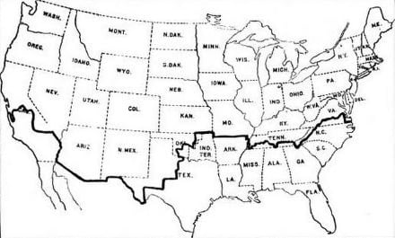 Peta Amerika Serikat pada tahun 1902. Demam sapi Texas ditemukan di wilayah di sebelah selatan garis hitam.